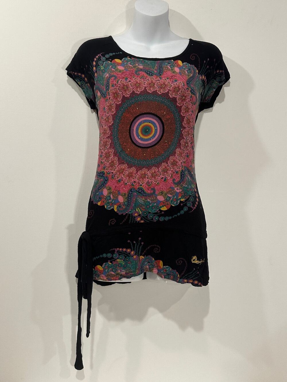 Vintage Desigual Black Pink Mandala Graphic Side-Tie Drop Waist Tunic Dress M